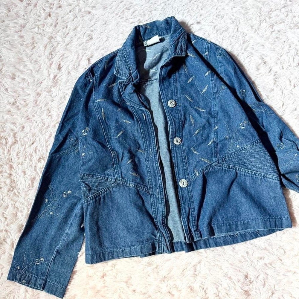 Vintage 90s Embroidered‎ Delicate Feminine Botanical Denim Jacket Womens S Retro